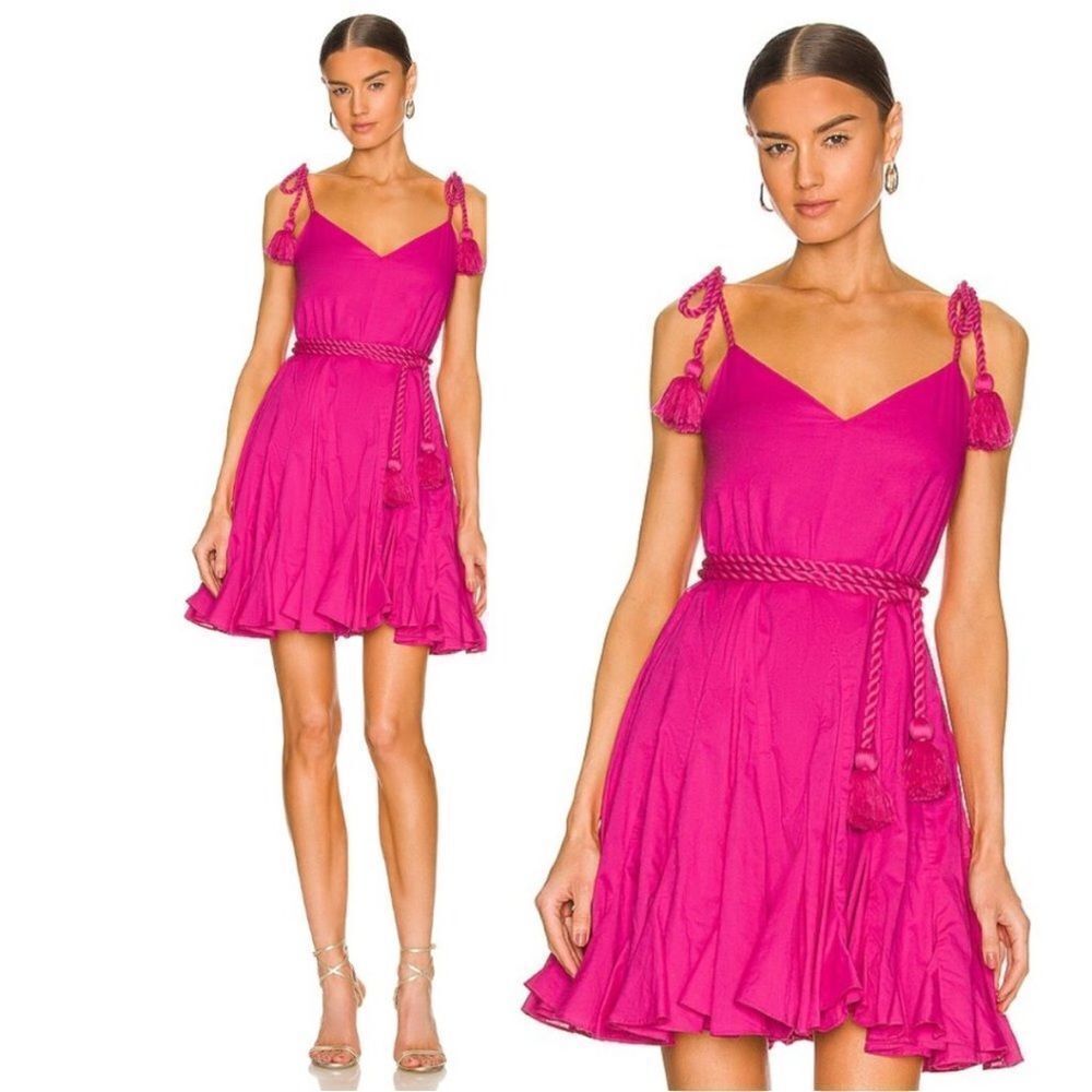 Rhode Casey Flared Mini Dress Cord Tassel Shoulder Strap Waist Belt Hot Pink